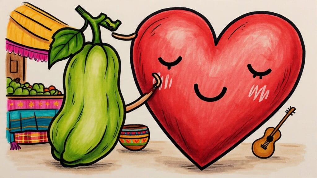Representación imaginativa del chayote cuidando al corazón