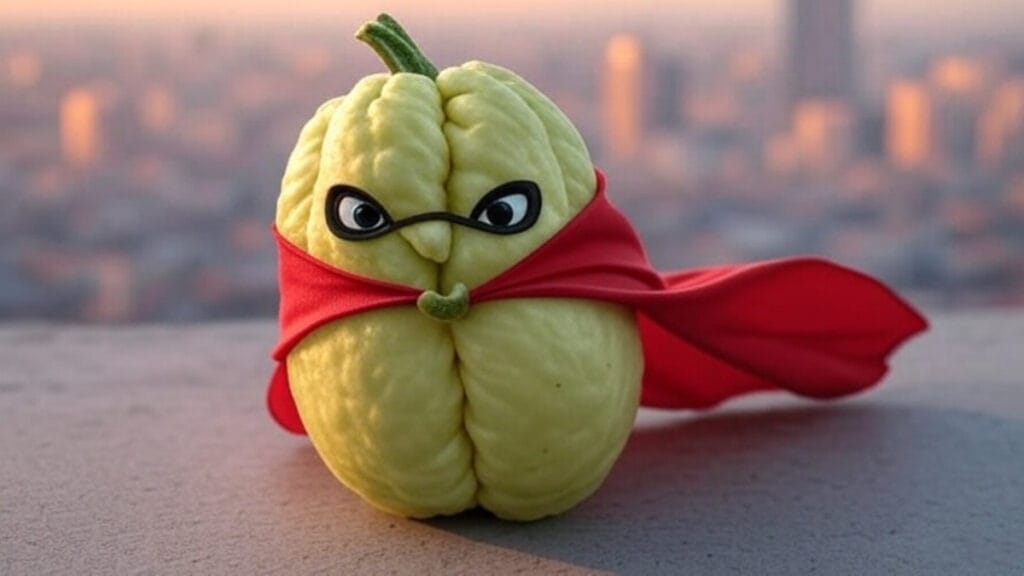 Chayote vestido como superheroe