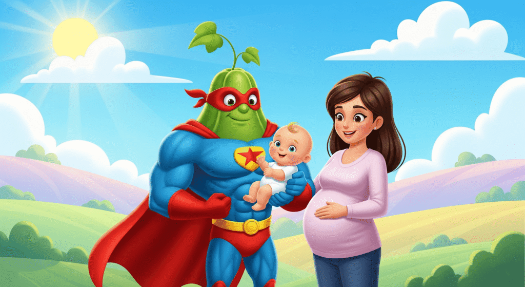Representación imaginativa del chayote protegiendo a un bebé y a su mamá